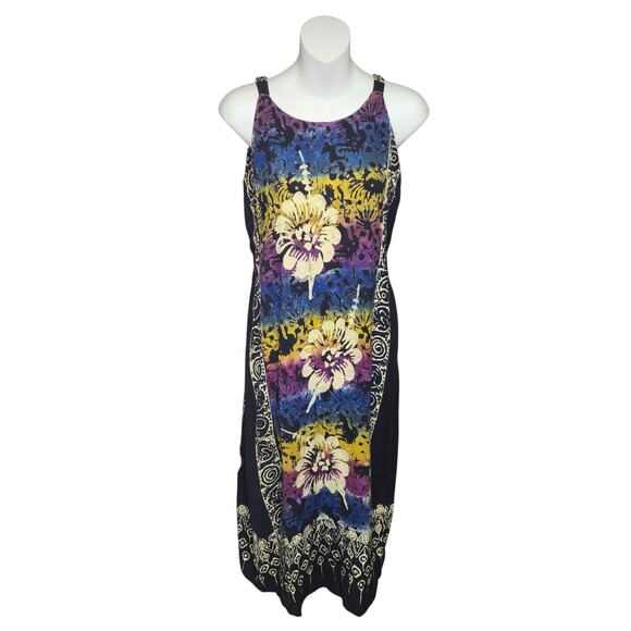Bali Batik Rayon Sundress Womens Small Colorful Floral Boho Beach Dress Casual - Picture 1 of 8
